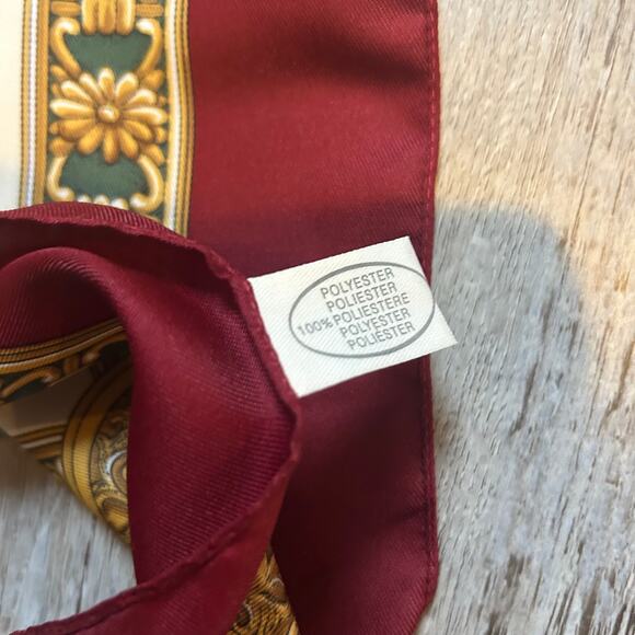 Vintage Italian Baroque Print Scarf Burgundy Gold Equestrian Chain 35x35 - Picture 6 of 7